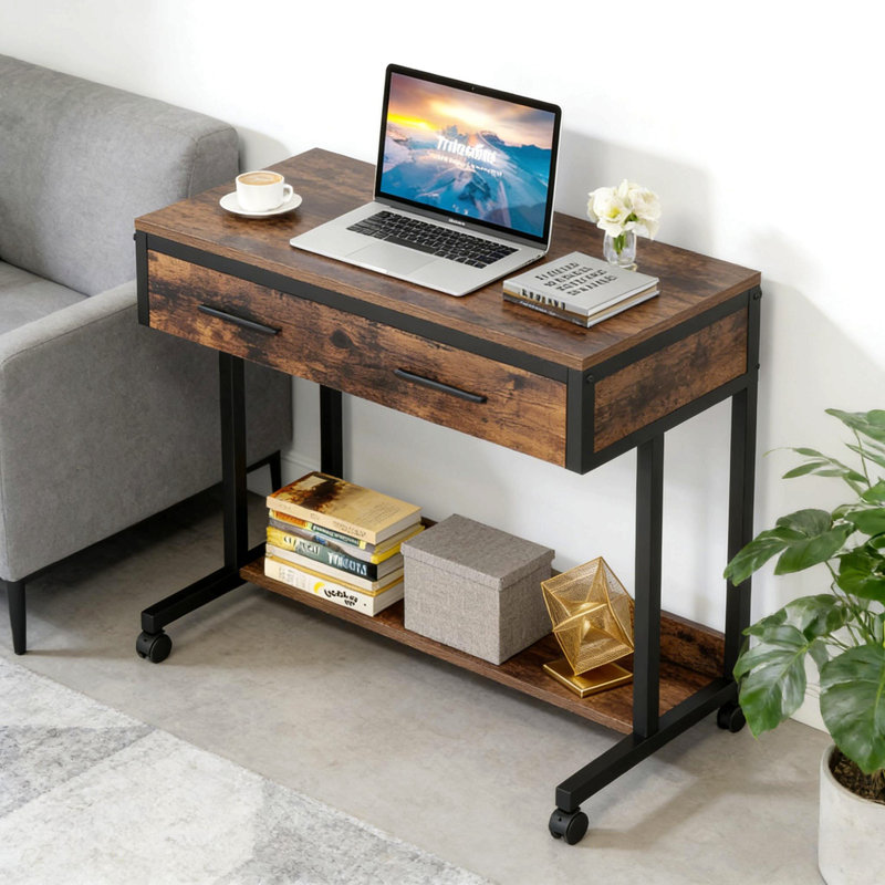 Office Table,Compact  Desk with wheels,Height Adjustable Writing Desk,Mobile Coffee Table