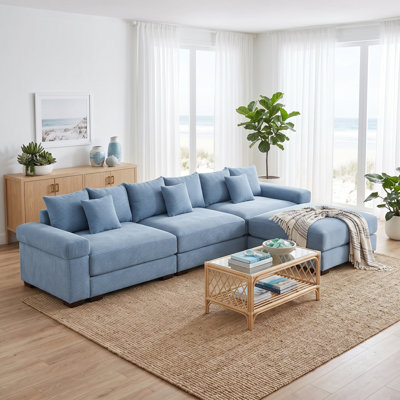 Canapé d'angle modulaire surdimensionné en velours côtelé, assise profonde avec larges accoudoirs rembourrés, bleu, 3 places, 1 pouf