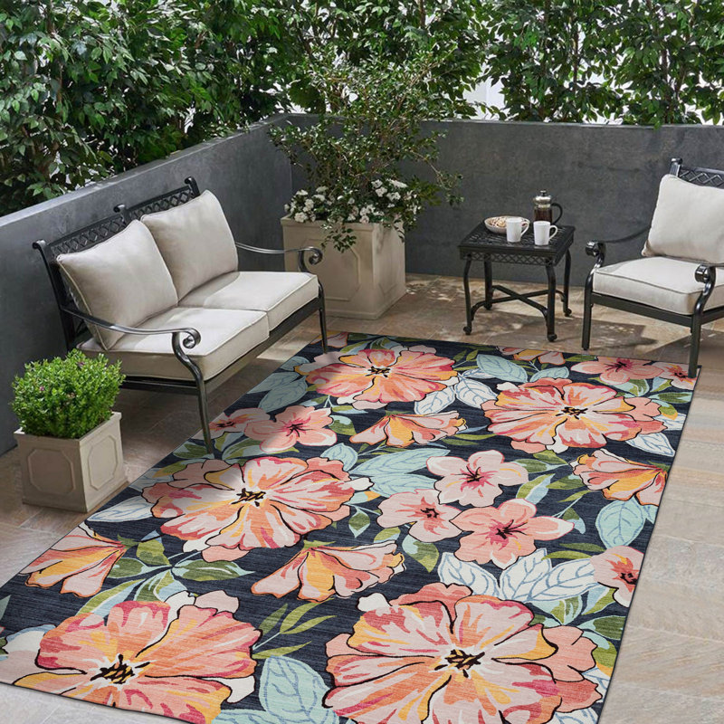 Floral Design Outdoor Rug Pink/Black No Slip for Deck Backyard Balcony Patio, Rectangle 5' x 7'