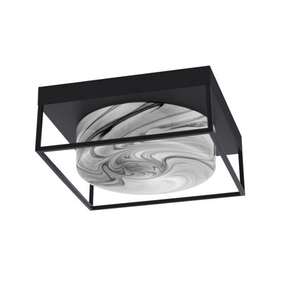 Plafonnier encastré 12 po, 2 ampoules, montré en finition noir mat avec verre tourbillon onyx