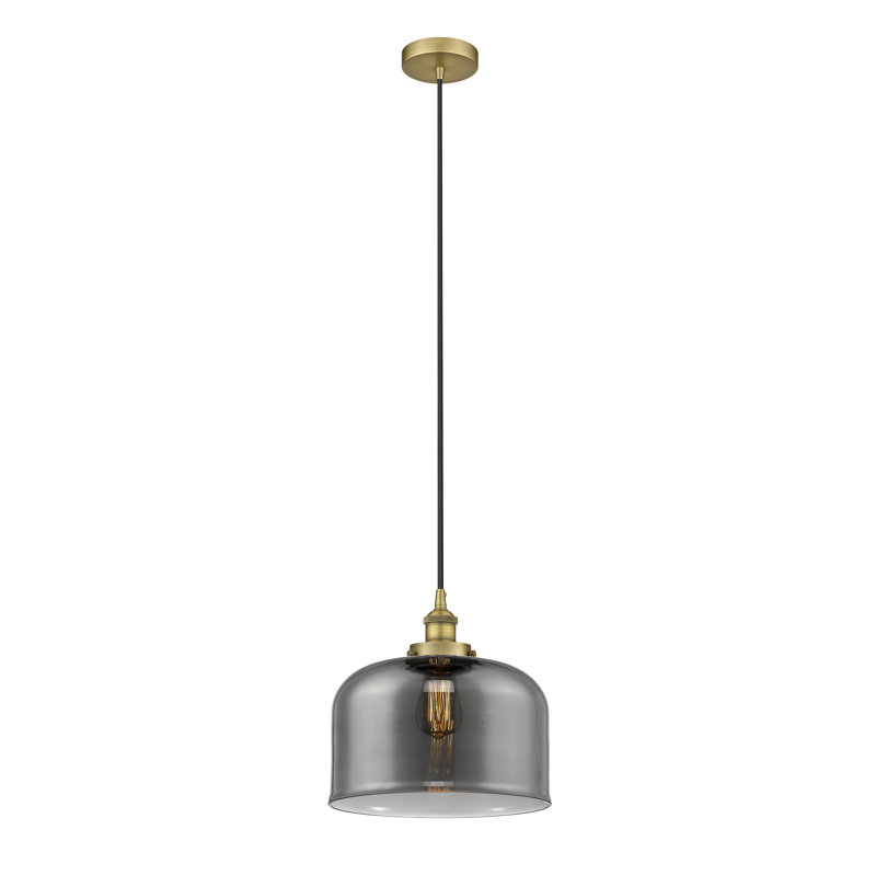 Bell - Mini luminaire suspendu 12 po à 1 lumière - Finition laiton brossé - Abat-jour fumé clair, gris, Laiton brossé