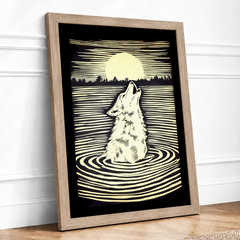 Howling Wolf In Moonlight Japandi - Print, A3 - 42.0 x 29.7 cm, Oak