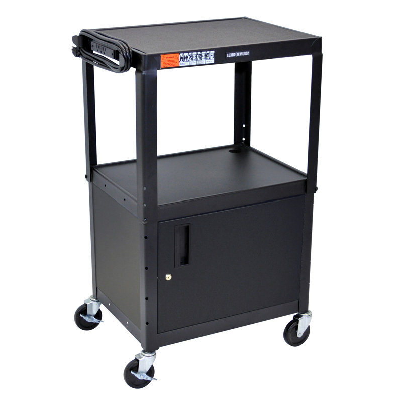 Adjustable Black Steel AV Utility Cart with Locking Cabinet