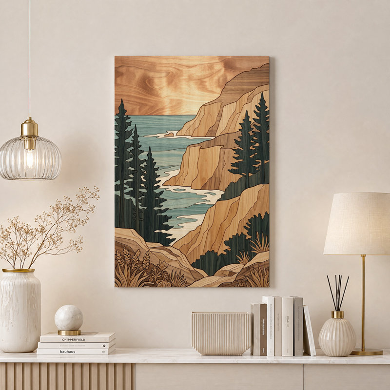 Tableau sur toile à texture de bois représentant des falaises côtières et des pins, H 48 po x l 32 po
