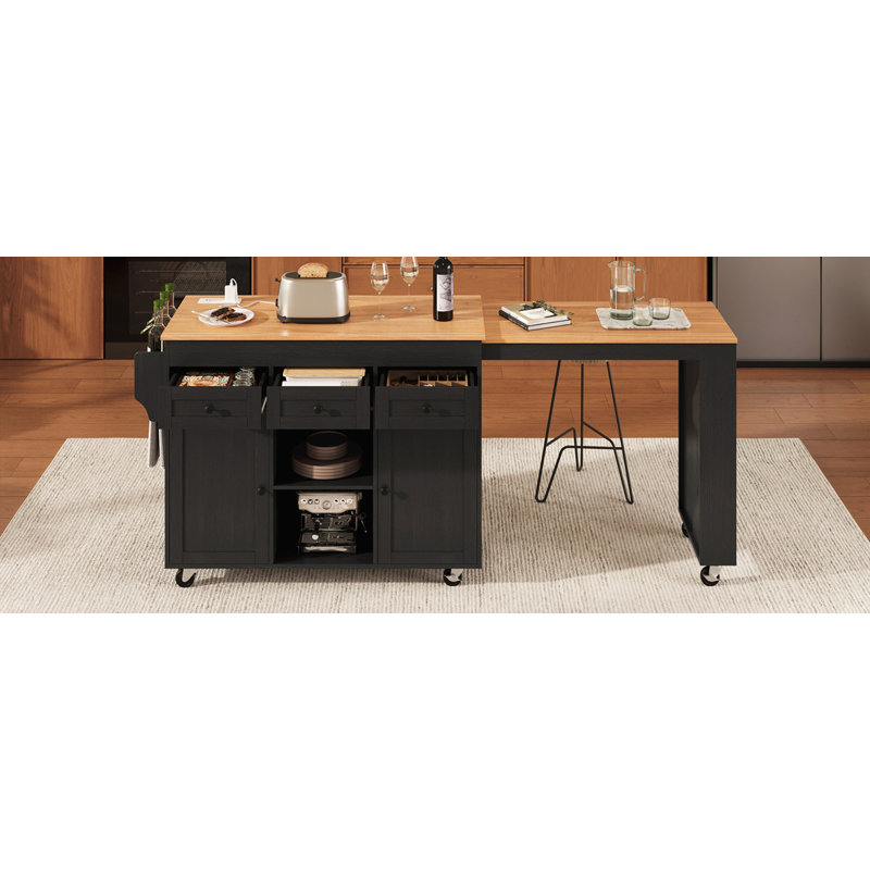 85.5" Kitchen Island with Extendable Dining Table, Black