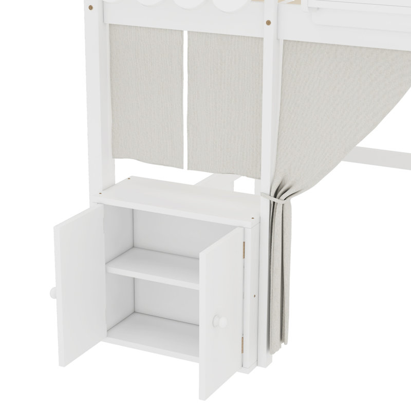 Lit mezzanine en bois massif avec tablettes et rideaux Kids, Complète, Blanc