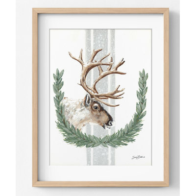Renne arctique d'hiver par Sara Baker, affiche animaux d'hiver, art mural cerf, renne au-dessus du foyer, décor de chalet de Noël rustique