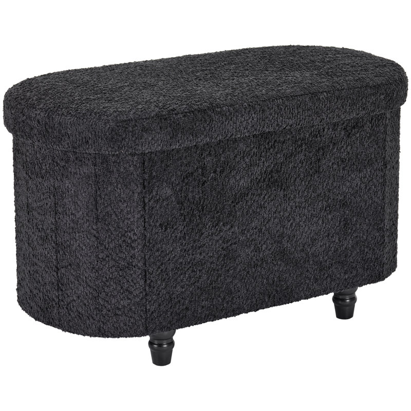  30" Boucle Upholstered Storage Ottoman Bench, Black Polyester Boucle