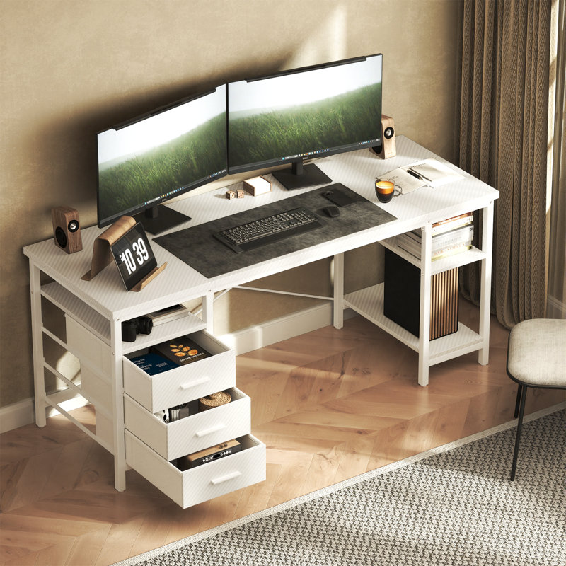 47" W Metal Base Computer Desk,Gaming Desk with 3 Fabric Drawers & Storage Shelves, Writing Work Study Desk for Home Office Bedroom, Modern Simple Student PC Desks Table