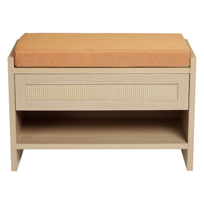 31" Rattan Shoe Bench with Storage, Farmhouse Wicker Entryway Bench with Drawer & Padded Linen Seat, Hallway Organizer, Light Oak
