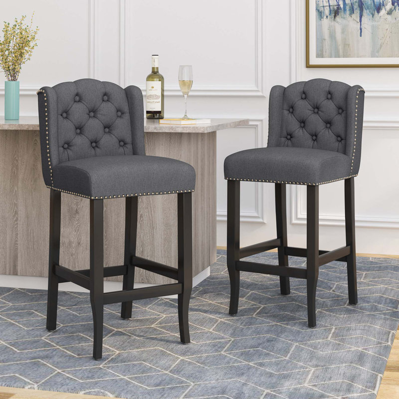 Contemporary Fabric Tufted Wingback,Counter Stools,Set of 2, Charcoal, Bar Stool (31" Seat Height)