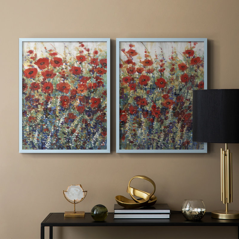 «Garden Poppies I», reproduction encadrée de qualité supérieure - prête à être accrochée - aucun clou requis - aucun clou requis