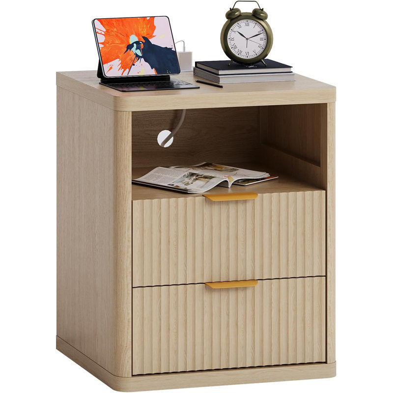 Fluted Nightstand with Charging Station, Bedside Table with Drawers Storage Space, Metal Handles and Rounded Corners for Safety, Mid Century Modern End Table, Side Table for Bedroom, Living Room
