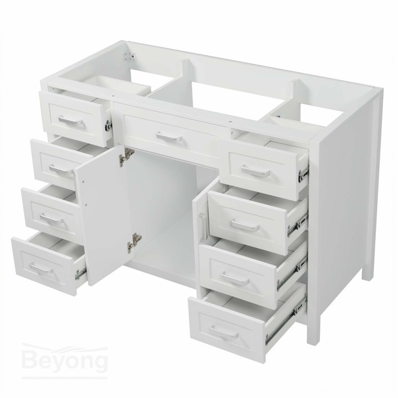Meuble-lavabo 47 po sans lavabo, armoire seulement, 2 portes et 8 tiroirs, système de fermeture en douceur, design classique, blanc