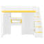 Lit mezzanine double avec escalier de rangement, coiffeuse intégrée avec miroir et tiroir, garde-robe et armoires, ports et lumières de charge USB, blanc et jaune-702913478