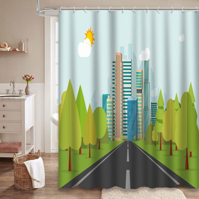 City Buildings Cityscape Flat Modern Shower Curtain with 12 Hooks