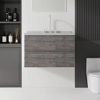 Meuble-lavabo flottant 30 po avec lavabo, porte à fermeture en douceur, comptoir et dosseret en granite blanc cultivé 2 po, contreplaqué, gris