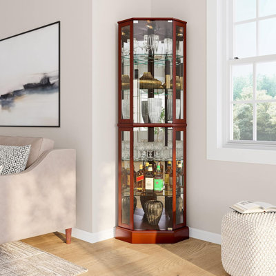 Vitrine de coin lumineuse en cerisier foncé - Présentoir en verre trempé à 3 côtés peu encombrant avec dossier en miroir, tablettes réglables en verre et rangement décoratif en bois pour le salon, la salle à manger et le bar personnel