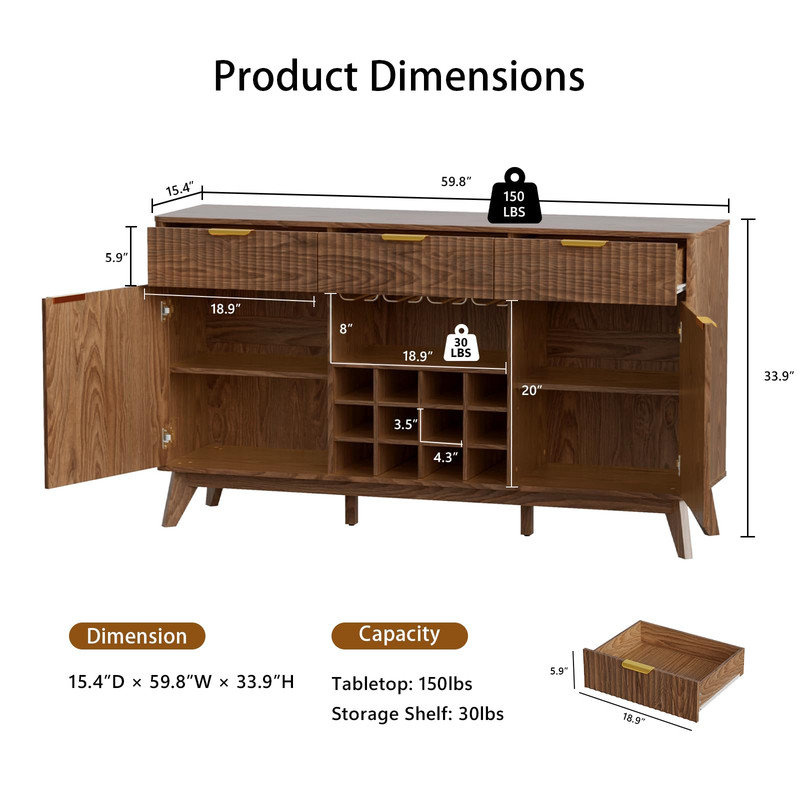 Armoire à café et à vin moderne de 60 po, rangement avec support à vin, porte-verre et tablettes réglables, Brun