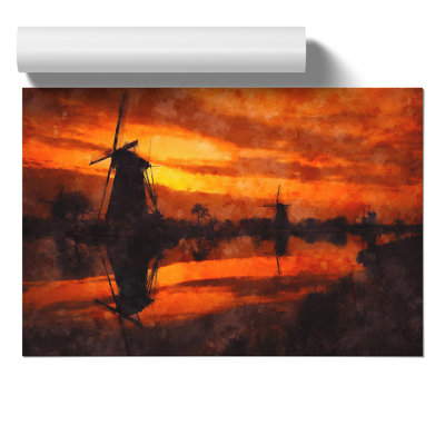 Windmill at Sunset Painting - Frameless Print