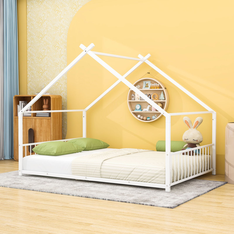 Metal House Bed With Roof And Sturdy Slats, Full, White