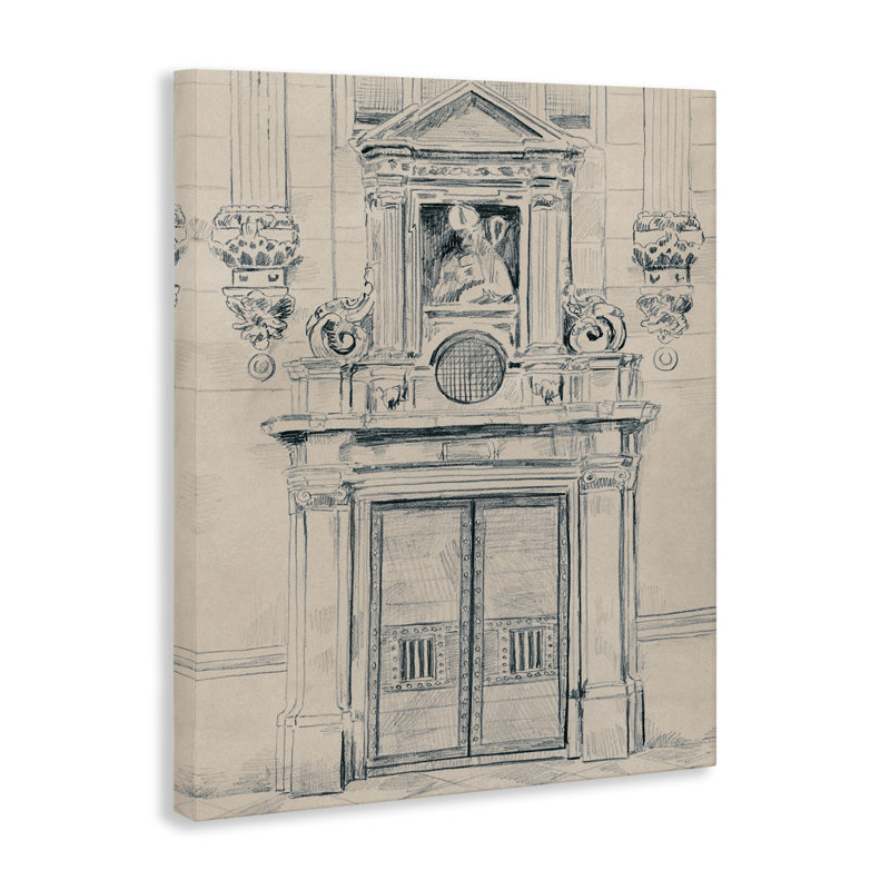 Art mural détaillé sur une porte avec architecture par June Erica Vess, H 40 po x l 30 po