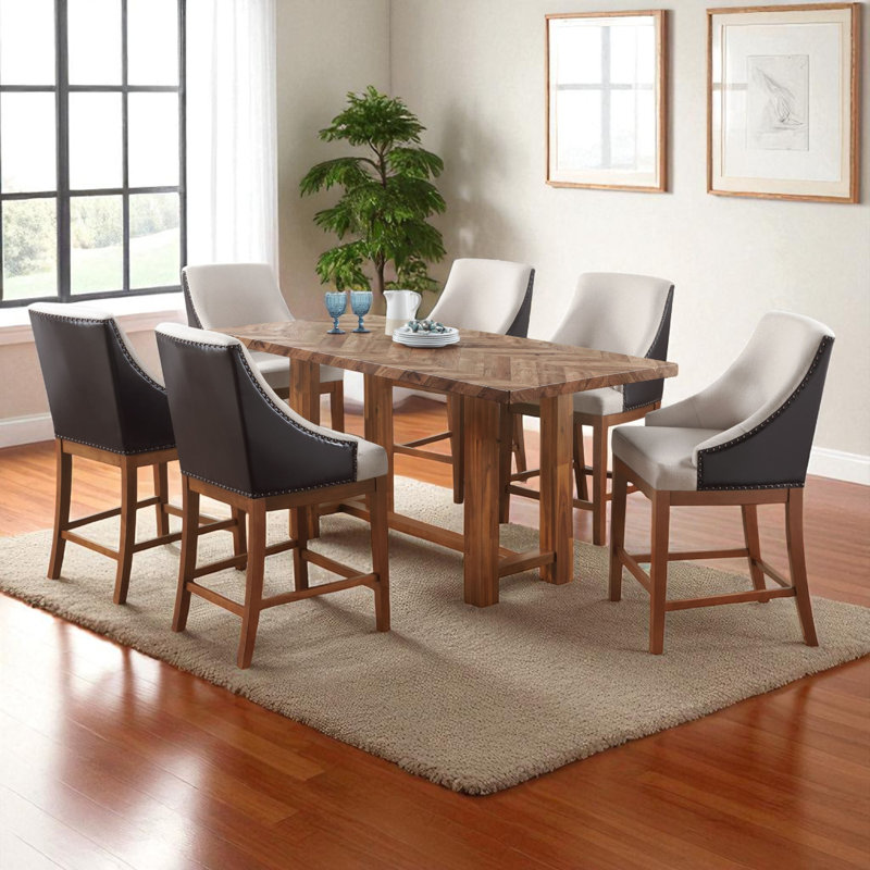 7-Piece Counter-Height Dining Set With Solid Wood Table And Upholstered Nailhead Chairs, Two-Tone Design, good for 6-8 people