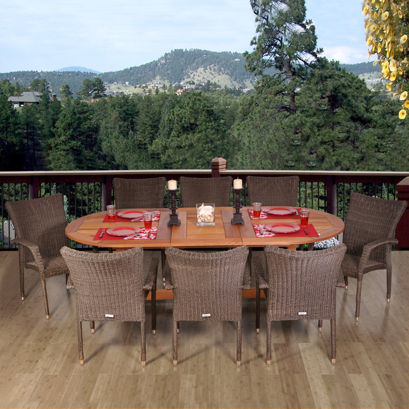 Sallie 8 - Person Eucalyptus Solid Wood Patio Dining Set Extendable and Umbrella Hole Included Oval Table