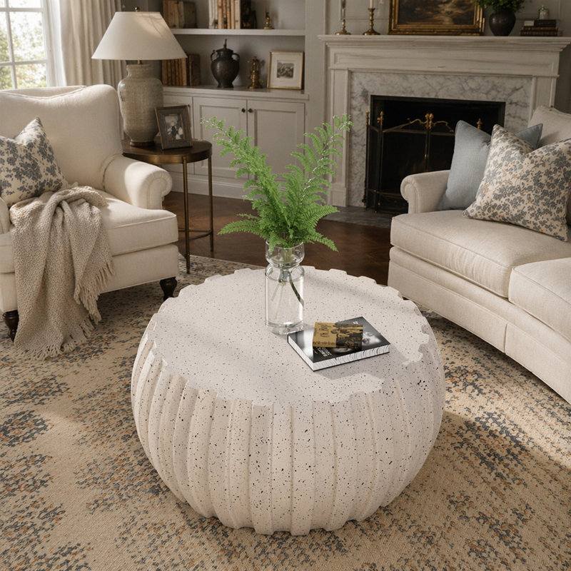 Table basse imperméable moderne 35,43 po, conception en ciment durable, compatible avec l'intérieur et l'extérieur, Blanc