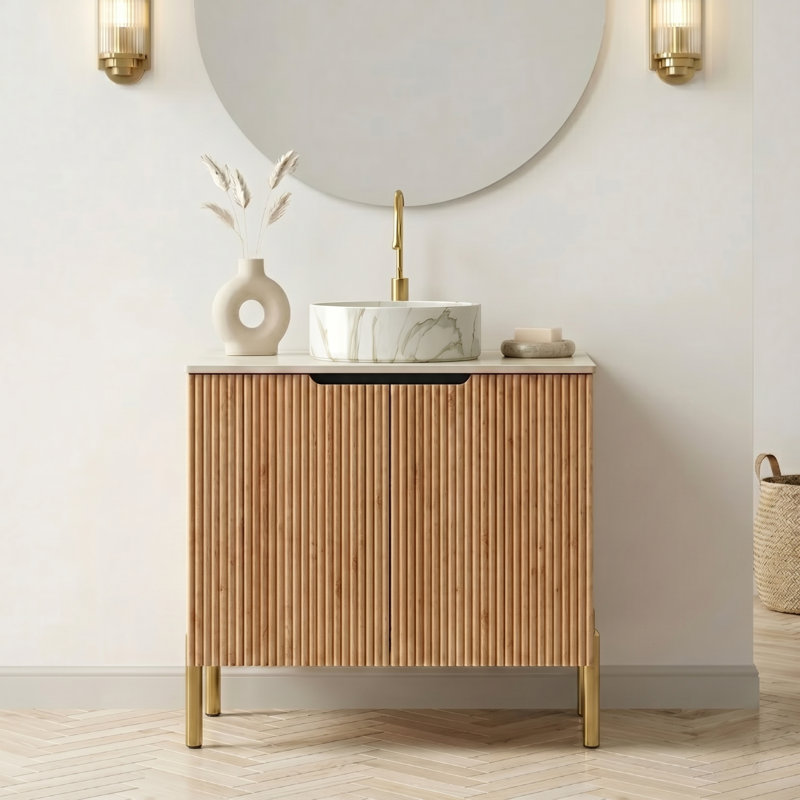 Meuble-lavabo moderne 30 po avec portes cannelées, comptoir en pierre frittée, plusieurs options d'évier à vasque et rangement à fermeture en douceur