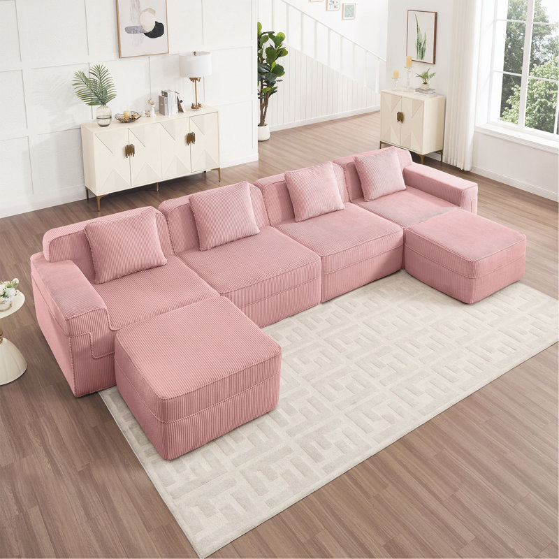 Canapé modulaire modulaire en forme de U sans siège à 4 places, canapé modulaire Cloud avec assise profonde, canapé modulaire moderne à 4 places avec coussins décoratifs et 2 repose-pieds amovibles, tissu en velours côtelé
