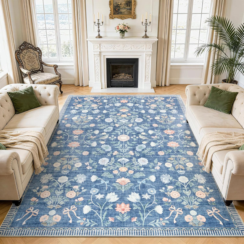 5x7 Floral Area Rug, Washable Non Slip Foldable Rug for Dining Room Office, Blue, Blue, Rectangle 5' x 7'