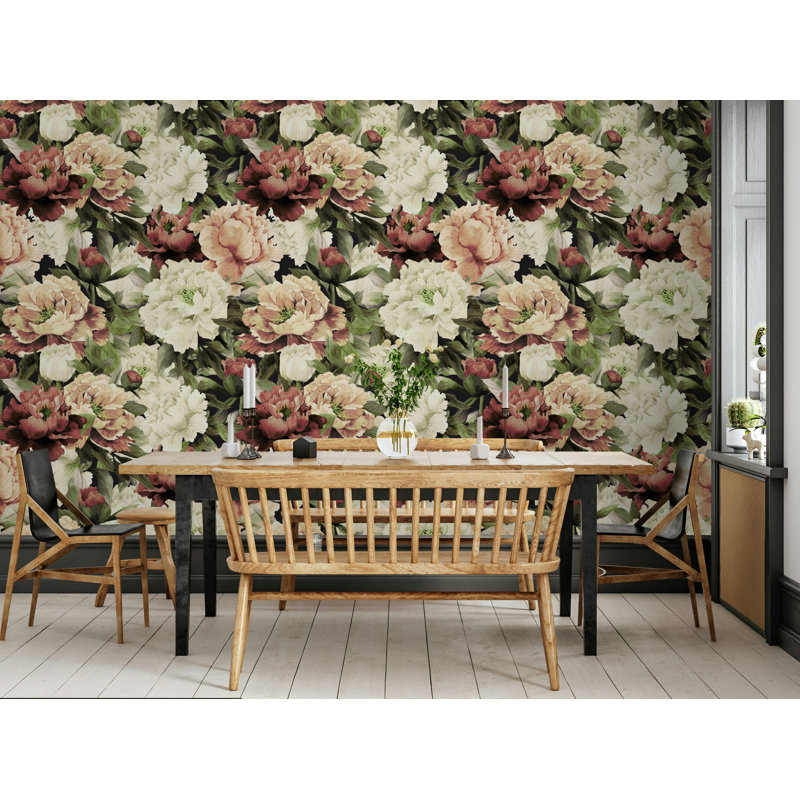 Papier peint pivoine foncé foncé rosé et crème, L 106 po x l 187 po