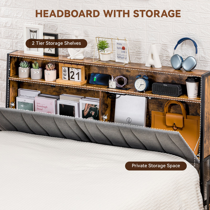 Bed Frame with Storage Headboard, Metal Platform Bed with Smart LED Lights, Charging Station and Footboard Drawers, Easy Assembly, No Box Spring Needed