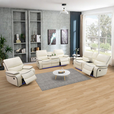 Ensemble de canapés inclinables électriques Wemo 3 pièces en cuir blanc cassé avec éclairage DEL, chargeur sans fil, porte-gobelets et console centrale