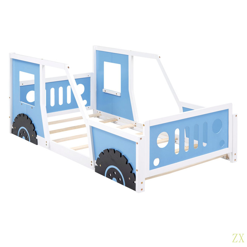 Lit plateforme simple en forme de voiture avec roues, Bleu