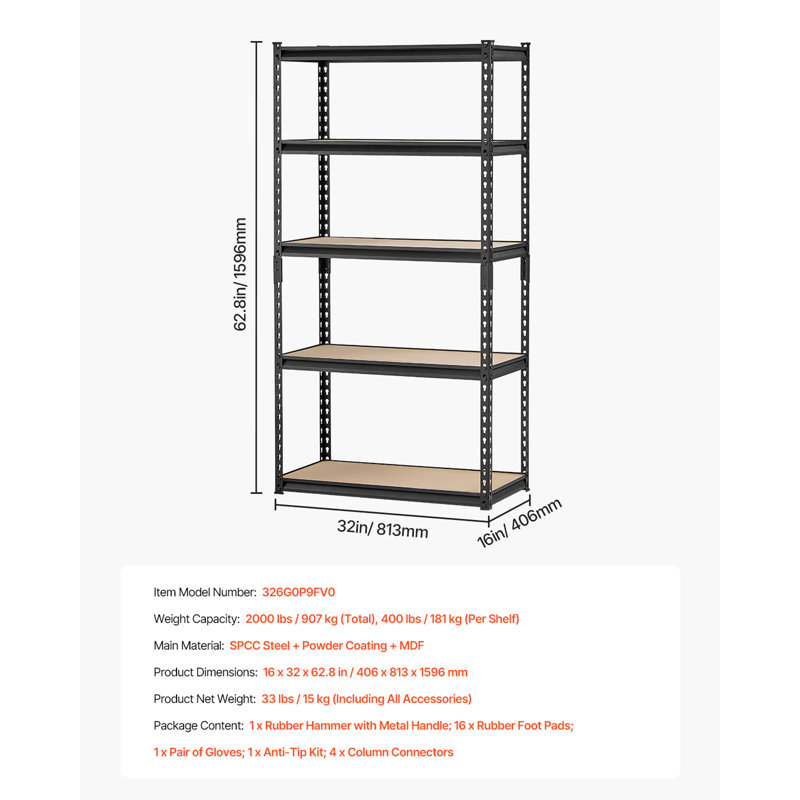 Tablettes de rangement à 5 niveaux, H 62,8 po x l 32 po x P 16 po