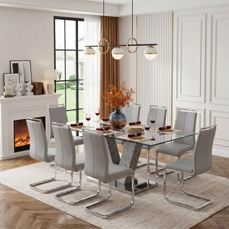 9-Piece Modern 71" Rectangular Tempered Glass Pedestal Dining Set with Faux Leather Cantilever Chairs, Light Gray/Chrome