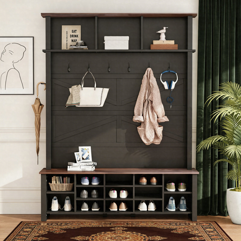 Farmhouse 4-In-1 Hall Tree With Bench, 6 Hooks & 16 Open Compartments, Entryway Shoe Organizer, Black