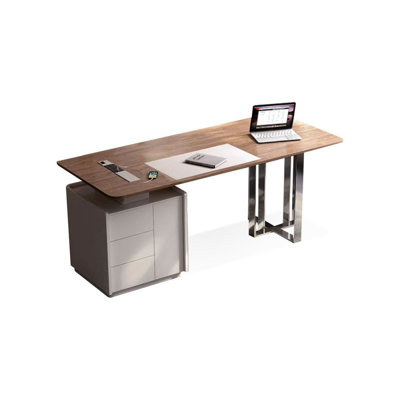 Bureau en bois manufacturé rectangulaire brun noisette + beige + acier inoxydable avec 3 tiroirs