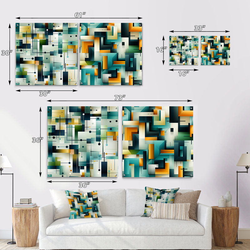 Green Cubic  Oasis Geometric - Abstract Geometric Acrylic Wall Art Glass Set Of 2, 36" H x 73" W