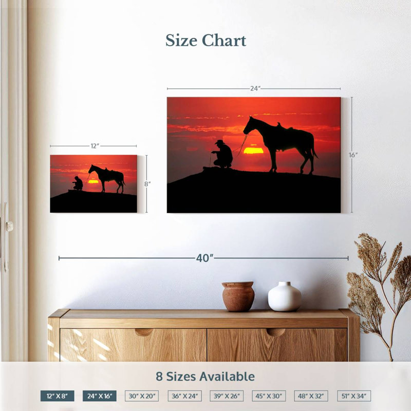 Cowboy du Texas au coucher du soleil, H 16 po x l 24 po