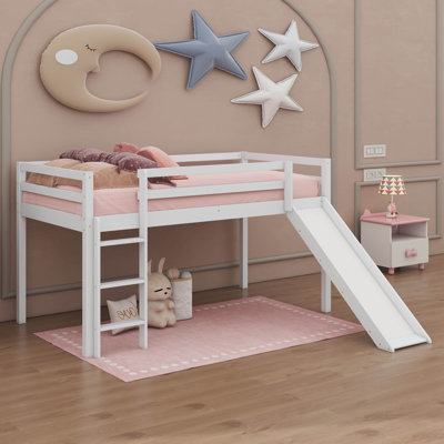 Twin Elevated Bed Featuring Ladder & Slide, Loft Beds Equipped With Safety Guardrails