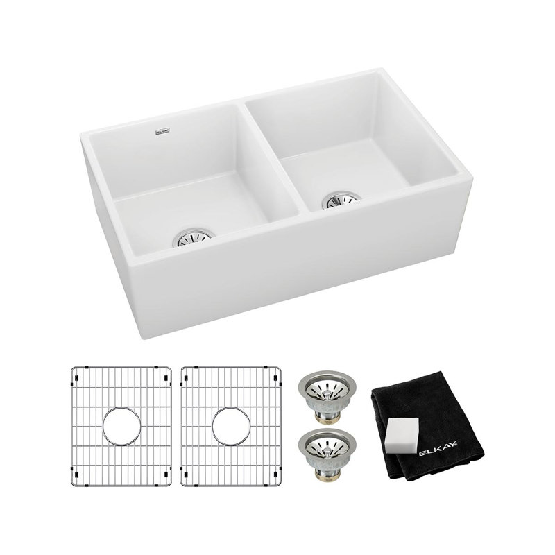 Évier de cuisine à double cuve en argile réfractaire L 33 po x l 20 po Fireclay