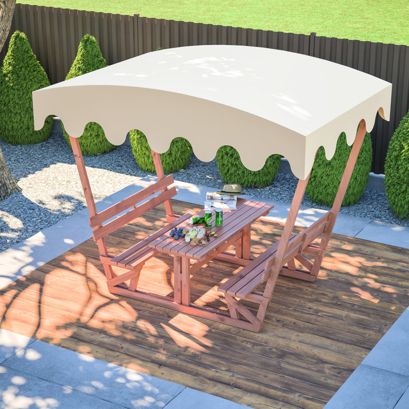 Table et banc de pique-nique en bois massif toutes saisons avec auvent amovible. Fabrication, plateau de table de 1,06 pouce d'épaisseur pour six adultes. Toile imperméable à l'abri des rayons du soleil. Bancs ergonomiques