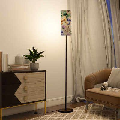  68.5" Standing Floor Lamp Whimsical Watercolor Garden Charms Floral Repeat Dimmable Metal Pole Lamp with Linen Lampshade LED Bulb Included
