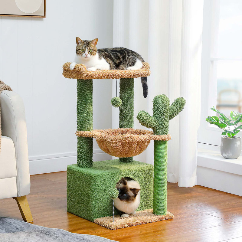 Arbre à chat multifonctionnel à motif cactus avec grand condo et poteau à griffes pour chats d'intérieur