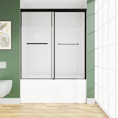 60 po X P 60 po H Porte de douche coulissante pour baignoire, porte de douche coulissante en verre semi-sans cadre avec Verre trempé transparent