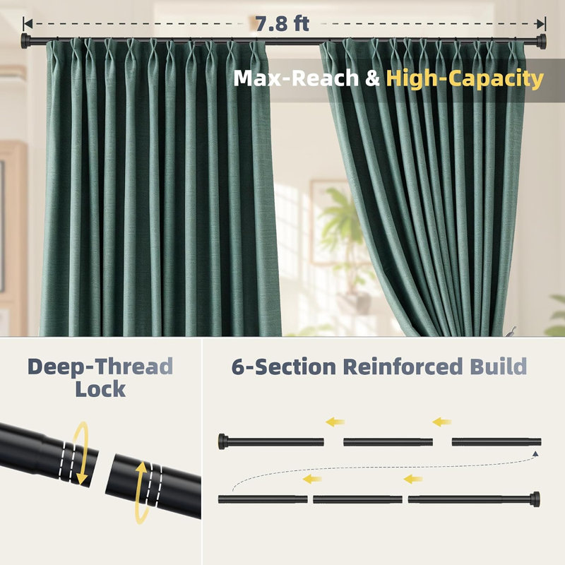 Tringle à rideau de douche extensible noire mate de 31 à 94 pouces, en acier inoxydable robuste antirouille de 1,1 pouce, sans perçage, pour salle de bain et séparation de fenêtre.