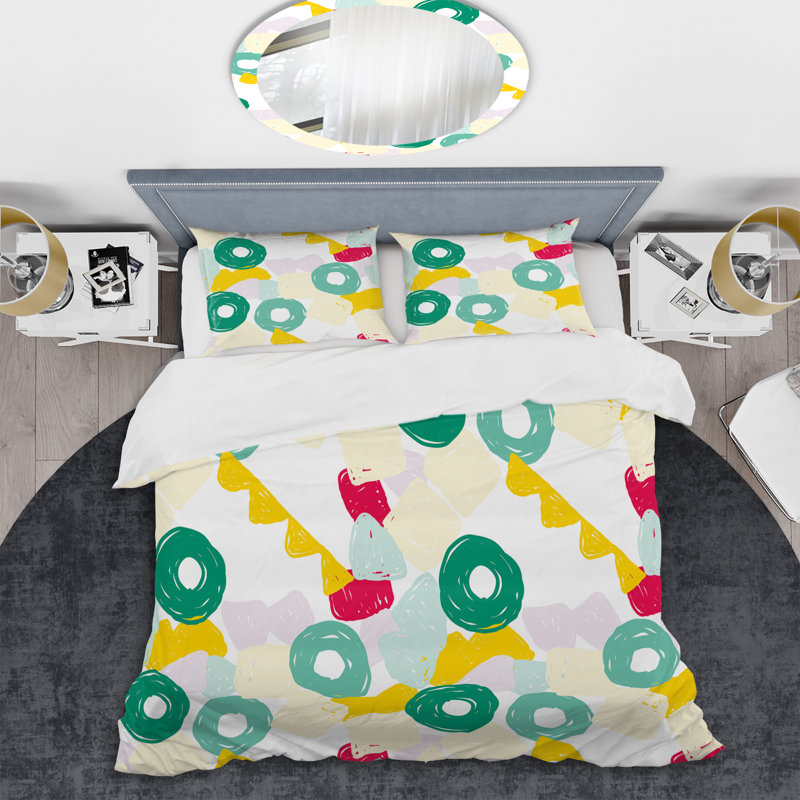 Green Circle Dots - Abstract Duvet Cover Set - Microfiber Polyester, Full/Queen Duvet Cover + 2 Standard Shams